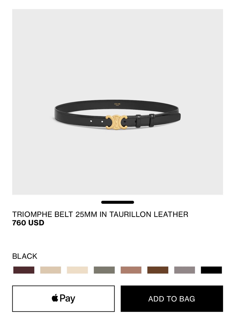 Celine Medium Triomphe Smooth Calfskin Belt in Black with Gold Hardware